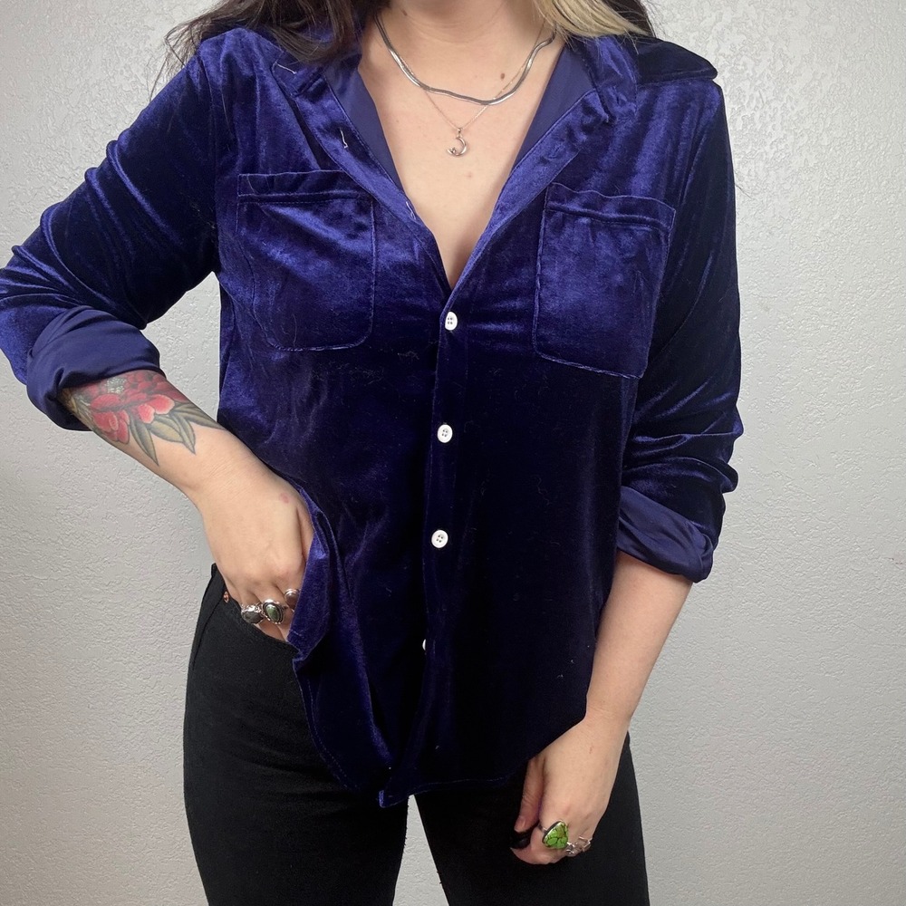 Witchy Whimsgoth Velvet Button Up Shirt Long Sleeve Deep Blue Top - Picture 2 of 3